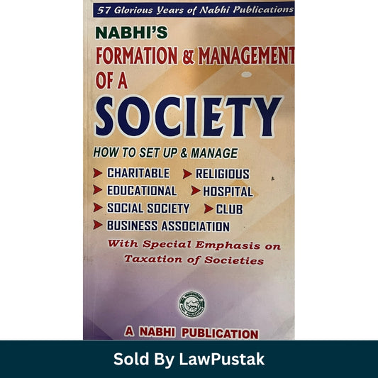 A book titled 'Nabhi's Formation & Management of a Society' shown standing upright at an angle on a white background, with a dark teal banner at the bottom reading 'Sold By LawPustak'. The book cover is primarily beige with blue and red text, and a small circular logo near the bottom.