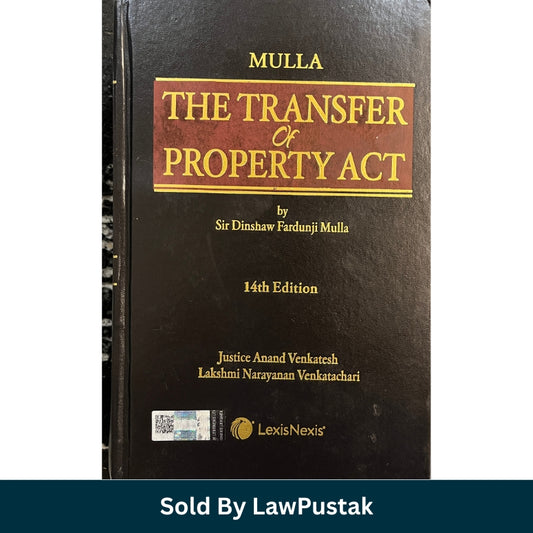 A hardcover book titled 'Mulla The Transfer Of Property Act' shown standing upright at a slight angle on a white background, with a dark teal banner at the bottom reading 'Sold By LawPustak'. The book cover is black with gold lettering and a maroon title block.