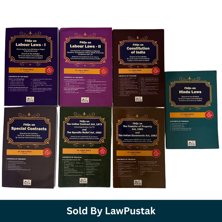 Eight law book covers arranged in two rows on a white background, with a dark teal banner at the bottom reading 'Sold By LawPustak'. The books appear to be FAQ/compilation volumes on Indian law, including Labour Laws, Constitution of India, Special Contracts, and Hindis Laws.