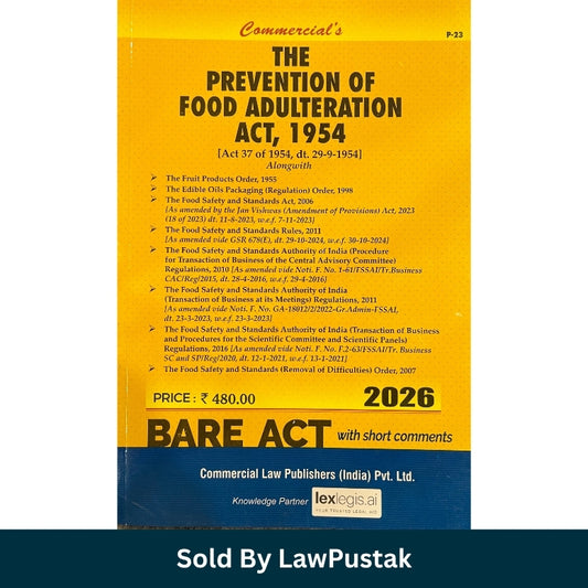 Prevention of Food Adulteration Act 1954 Bare Act 2026 Edition Commercial Law Publishers India Side profile view of Prevention of Food Adulteration Act 1954 Bare Act 2026 Paperback Law Book