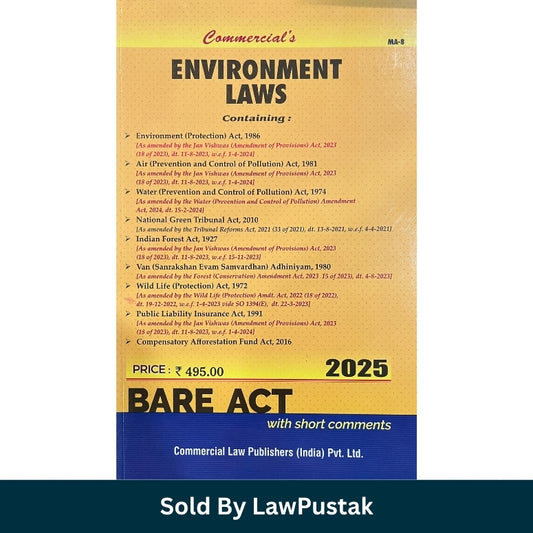 Commercials Environment Laws Bare Act with Short Comments 2025 Edition Commercial Law Publishers Side profile view of Commercials Environment Laws Bare Act 2025 Paperback Law Book
