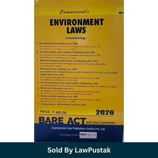 Commercials Environment Laws Bare Act with Short Comments 2025 Edition Commercial Law Publishers Side profile view of Commercials Environment Laws Bare Act 2025 Paperback Law Book