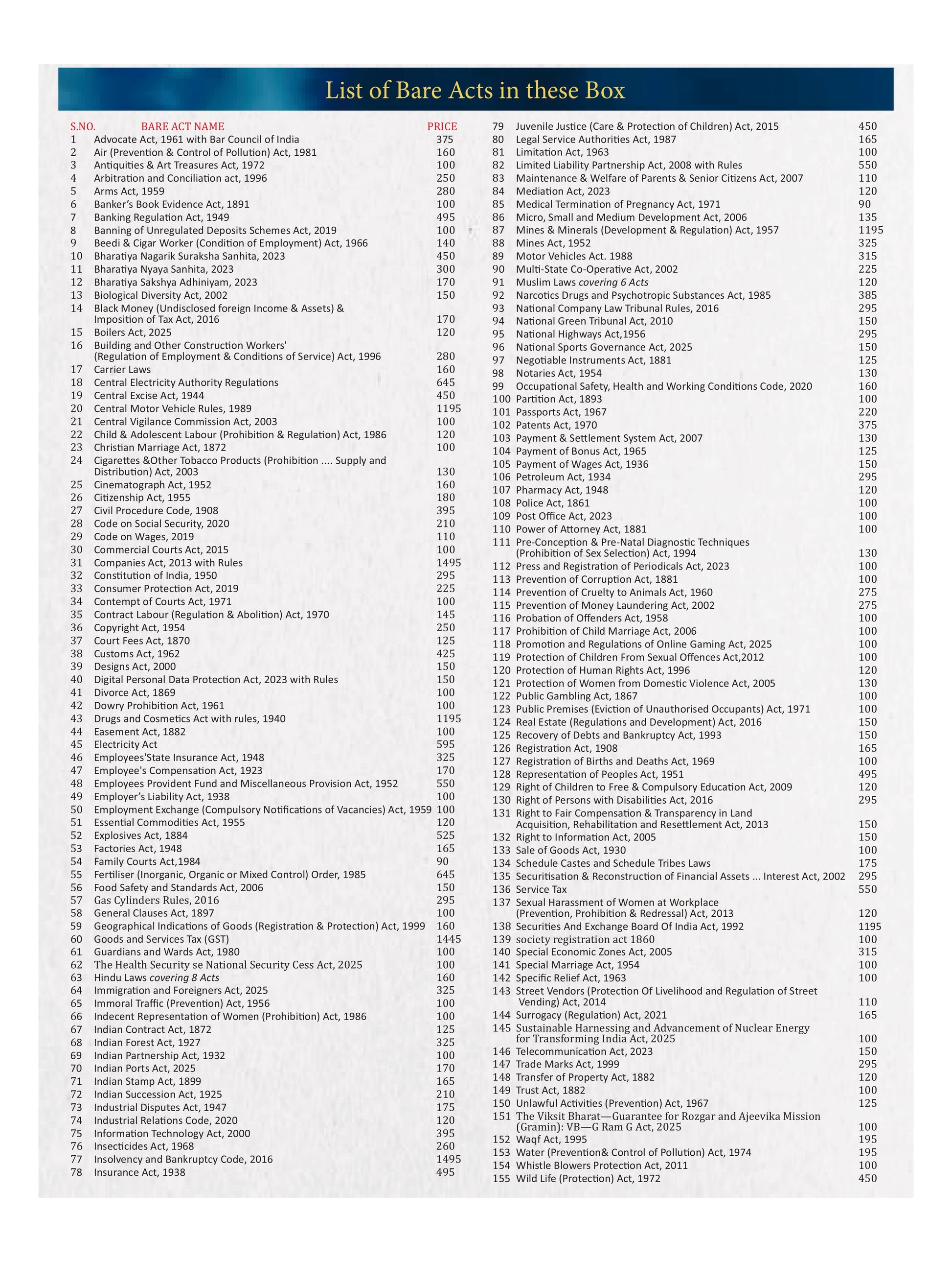 Commercial Bare Acts 2026 India 155 Important Acts 2 Box Set by Commercial Law Publishers