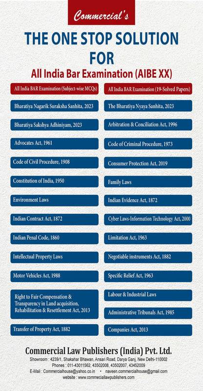 EXCLUSIVE COMBO - One stop Solution to AIBE XX (25 Bare Acts + Solved papers+ MCQs) | Commercial Law Publishers (India) Pvt. Ltd.