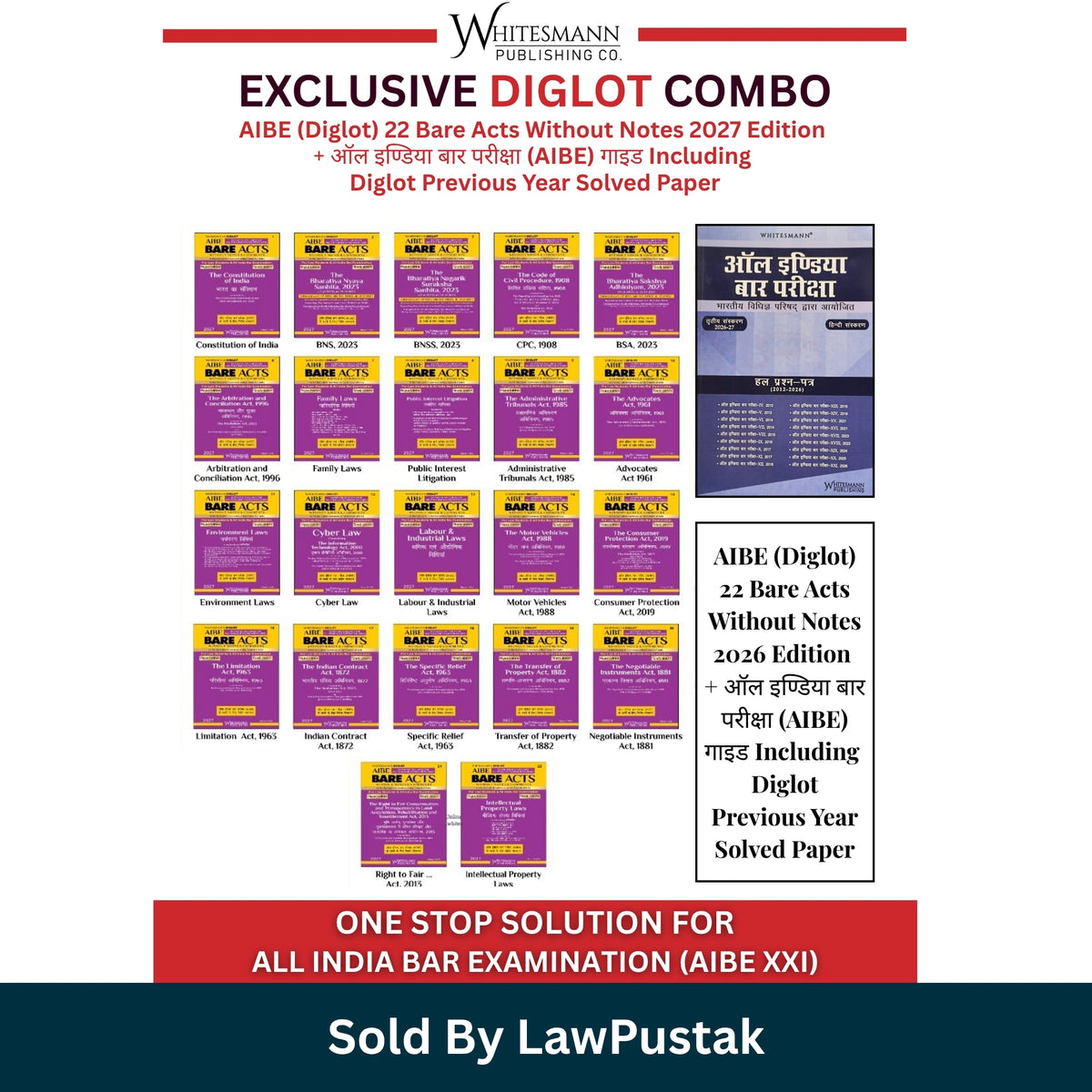 Whitesmanns AIBE Diglot 22 Bare Acts Set 2027 Edition with Diglot Previous Year Solved Papers Guide Whitesmann Publishing   