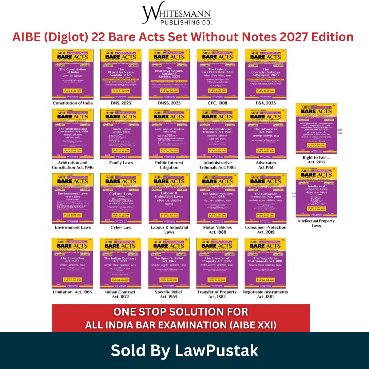 Whitesmanns AIBE Diglot 22 Bare Acts Set Without Notes 2027 Edition Whitesmann Publishing   