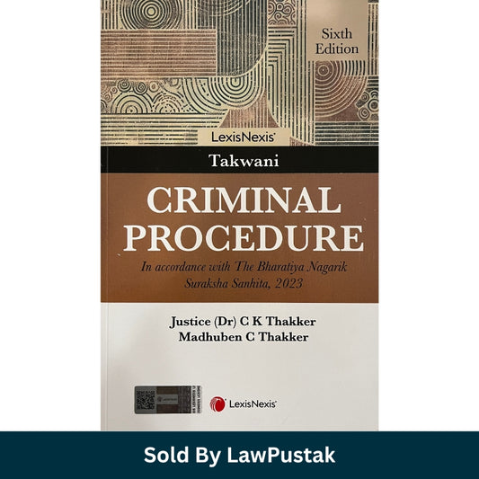 A hardcover book titled 'Criminal Procedure' by Takwani, Sixth Edition, shown at a three-quarter angle on a white background with a dark teal banner at the bottom reading 'Sold By LawPustak'. The cover features a brown and beige illustrated design with white text.
