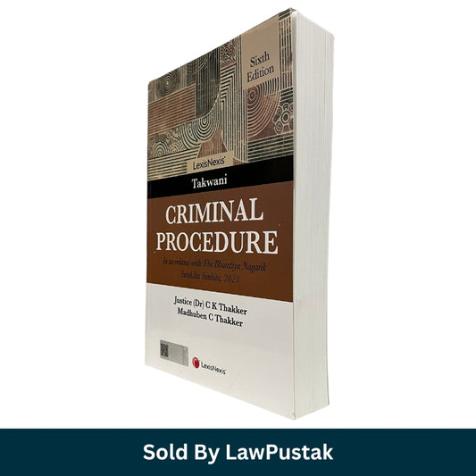 A hardcover book titled 'Criminal Procedure' by Takwani, Sixth Edition, shown at a three-quarter angle on a white background with a dark teal banner at the bottom reading 'Sold By LawPustak'. The cover features a brown and beige illustrated design with white text.