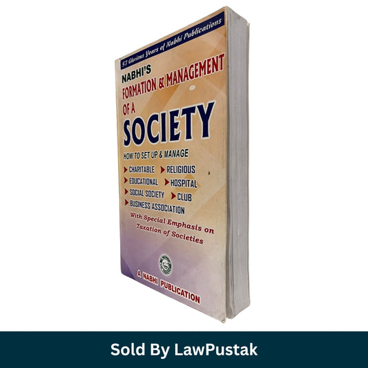 A book titled 'Nabhi's Formation & Management of a Society' shown standing upright at an angle on a white background, with a dark teal banner at the bottom reading 'Sold By LawPustak'. The book cover is primarily beige with blue and red text, and a small circular logo near the bottom.