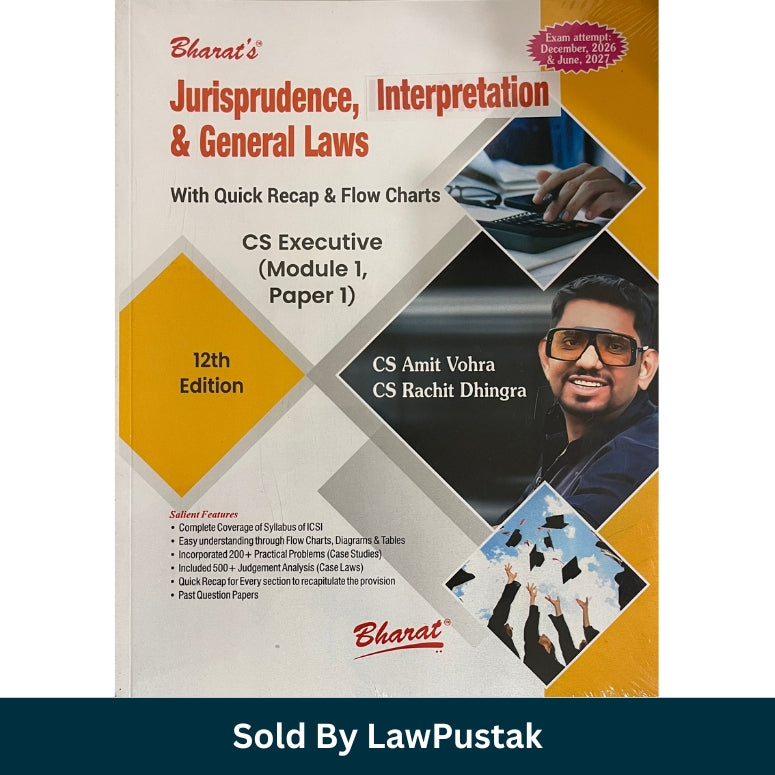 A boxed book titled 'Jusprudence, Interpretation' for CS Executive Module 1 Paper II, shown at an angle on a white background with a dark teal banner at the bottom reading 'Sold By LawPustak'. The cover is mostly white and yellow-orange with photos and text, and the visible brand/publisher mark appears to be 'Bharati'.
