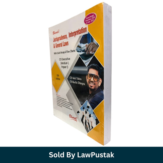 A boxed book titled 'Jusprudence, Interpretation' for CS Executive Module 1 Paper II, shown at an angle on a white background with a dark teal banner at the bottom reading 'Sold By LawPustak'. The cover is mostly white and yellow-orange with photos and text, and the visible brand/publisher mark appears to be 'Bharati'.