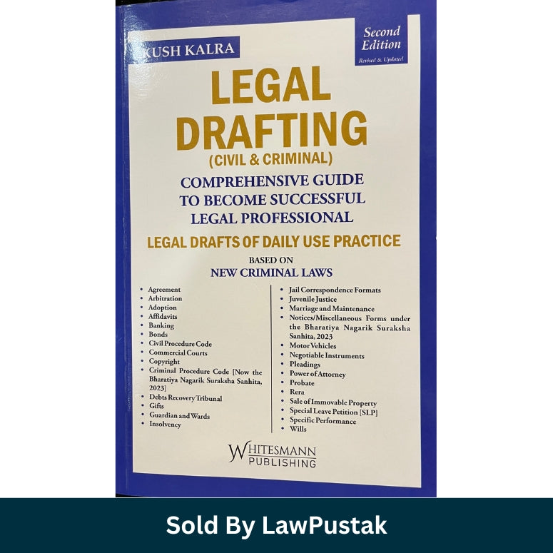 A single hardcover book titled 'Legal Drafting (Civil & Criminal)' shown at a three-quarter angle on a white background, with a dark teal banner at the bottom reading 'Sold By LawPustak'. The book cover is cream with dark navy blue borders and gold/yellow title text.