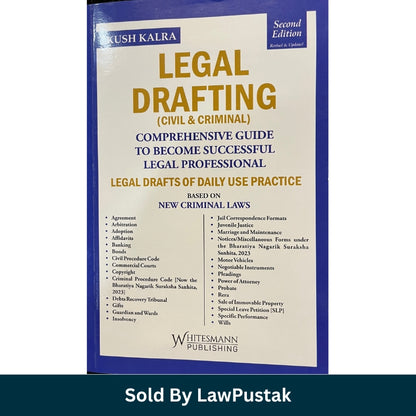 A single hardcover book titled 'Legal Drafting (Civil & Criminal)' shown at a three-quarter angle on a white background, with a dark teal banner at the bottom reading 'Sold By LawPustak'. The book cover is cream with dark navy blue borders and gold/yellow title text.