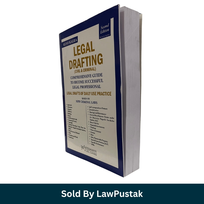 A single hardcover book titled 'Legal Drafting (Civil & Criminal)' shown at a three-quarter angle on a white background, with a dark teal banner at the bottom reading 'Sold By LawPustak'. The book cover is cream with dark navy blue borders and gold/yellow title text.