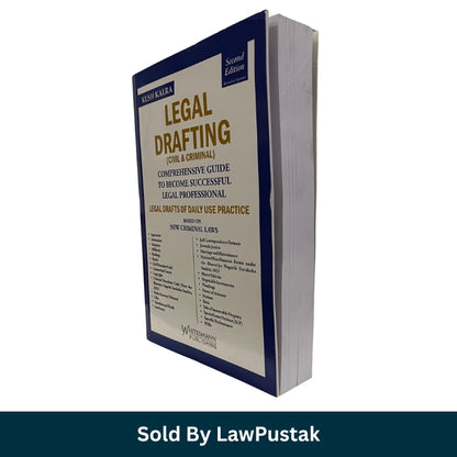 A single hardcover book titled 'Legal Drafting (Civil & Criminal)' shown at a three-quarter angle on a white background, with a dark teal banner at the bottom reading 'Sold By LawPustak'. The book cover is cream with dark navy blue borders and gold/yellow title text.