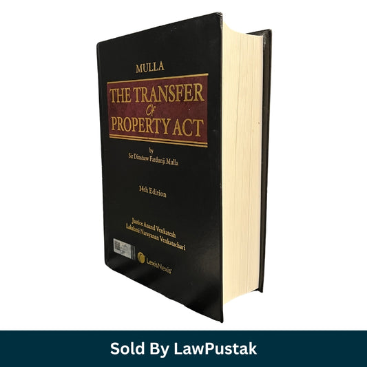 A hardcover book titled 'Mulla The Transfer Of Property Act' shown standing upright at a slight angle on a white background, with a dark teal banner at the bottom reading 'Sold By LawPustak'. The book cover is black with gold lettering and a maroon title block.