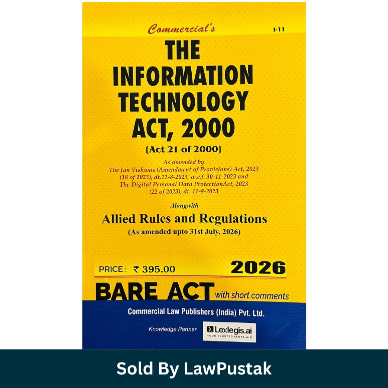 A hardcover book titled 'The Information Technology Act, 2000' with a bright yellow cover, black and blue text, and white page edges visible. The book is shown standing upright at an angle on a white background, with a dark teal banner at the bottom reading 'Sold By LawPustak'.