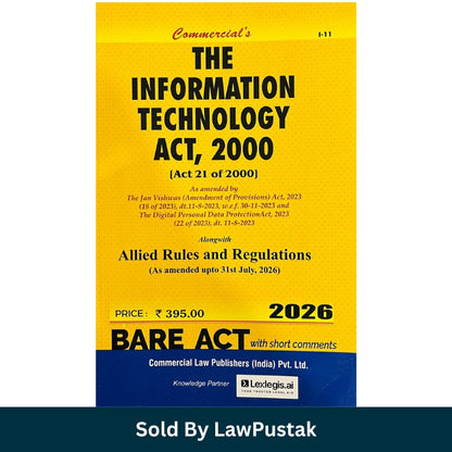 A hardcover book titled 'The Information Technology Act, 2000' with a bright yellow cover, black and blue text, and white page edges visible. The book is shown standing upright at an angle on a white background, with a dark teal banner at the bottom reading 'Sold By LawPustak'.