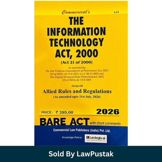 A hardcover book titled 'The Information Technology Act, 2000' with a bright yellow cover, black and blue text, and white page edges visible. The book is shown standing upright at an angle on a white background, with a dark teal banner at the bottom reading 'Sold By LawPustak'.