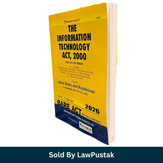 A hardcover book titled 'The Information Technology Act, 2000' with a bright yellow cover, black and blue text, and white page edges visible. The book is shown standing upright at an angle on a white background, with a dark teal banner at the bottom reading 'Sold By LawPustak'.