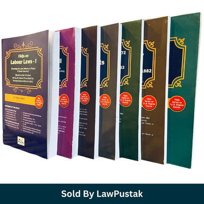 Eight law book covers arranged in two rows on a white background, with a dark teal banner at the bottom reading 'Sold By LawPustak'. The books appear to be FAQ/compilation volumes on Indian law, including Labour Laws, Constitution of India, Special Contracts, and Hindis Laws.