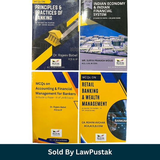Three books on banking and finance are shown standing upright at an angle against a white background, with a dark teal banner at the bottom reading 'Sold By LawPustak'. The books feature bold yellow, black, and blue cover designs with text including 'Principles & Practices of Banking' and 'Financial Institutions'.