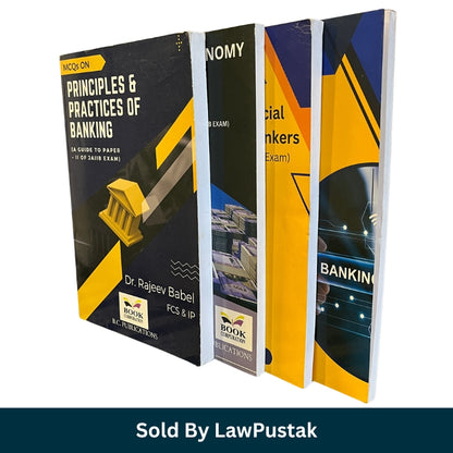 Three books on banking and finance are shown standing upright at an angle against a white background, with a dark teal banner at the bottom reading 'Sold By LawPustak'. The books feature bold yellow, black, and blue cover designs with text including 'Principles & Practices of Banking' and 'Financial Institutions'.