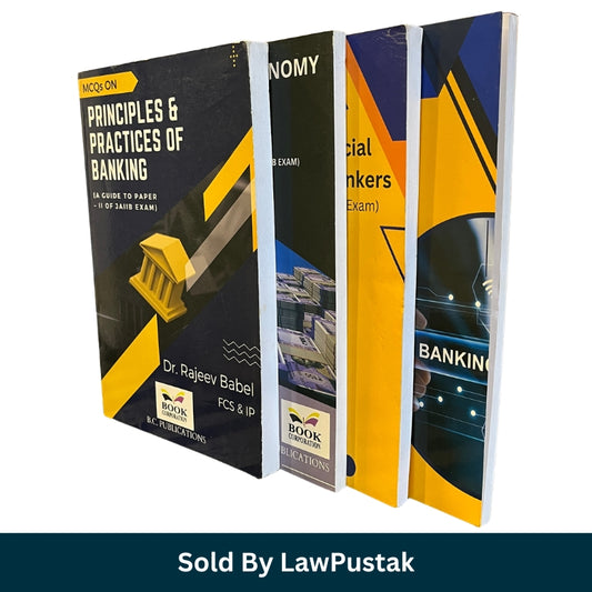 Three books on banking and finance are shown standing upright at an angle against a white background, with a dark teal banner at the bottom reading 'Sold By LawPustak'. The books feature bold yellow, black, and blue cover designs with text including 'Principles & Practices of Banking' and 'Financial Institutions'.