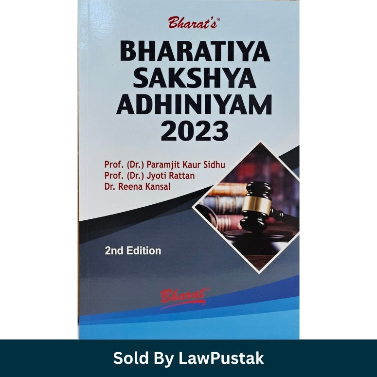 A book cover for Bharatiya Sakshya Adhiniyam 2023, 2nd Edition, shown at a slight angle on a white background. The cover is primarily light blue and dark blue with black text and a diamond-shaped inset photo of a gavel.