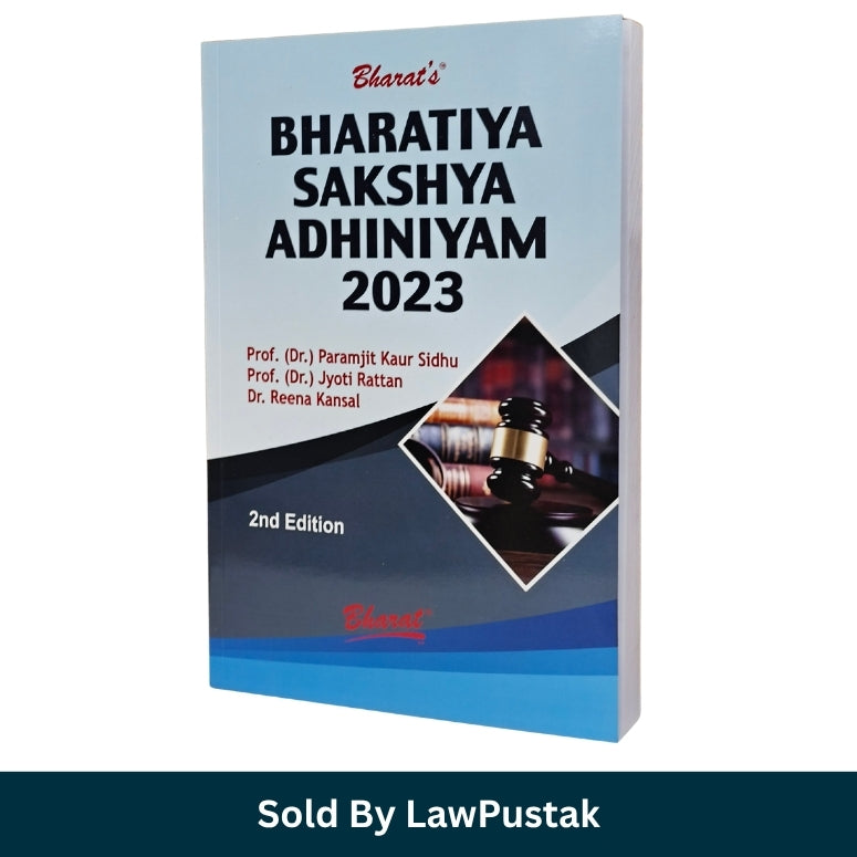 A book cover for Bharatiya Sakshya Adhiniyam 2023, 2nd Edition, shown at a slight angle on a white background. The cover is primarily light blue and dark blue with black text and a diamond-shaped inset photo of a gavel.