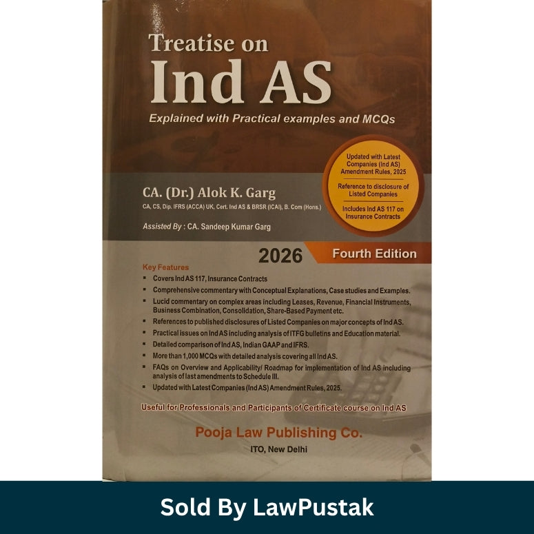 A hardcover book titled "Treatise on Ind AS" shown at a slight angle on a white background, with a dark teal banner at the bottom reading "Sold By LawPustaka". The book cover is primarily brown with white and orange text, and the visible publisher is Pooja Law Publishing Co.