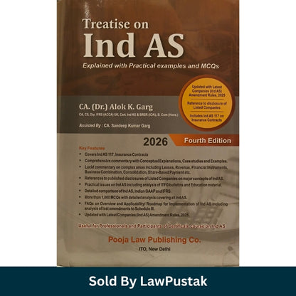 A hardcover book titled "Treatise on Ind AS" shown at a slight angle on a white background, with a dark teal banner at the bottom reading "Sold By LawPustaka". The book cover is primarily brown with white and orange text, and the visible publisher is Pooja Law Publishing Co.