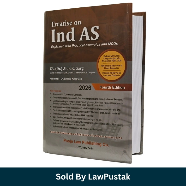 A hardcover book titled "Treatise on Ind AS" shown at a slight angle on a white background, with a dark teal banner at the bottom reading "Sold By LawPustaka". The book cover is primarily brown with white and orange text, and the visible publisher is Pooja Law Publishing Co.