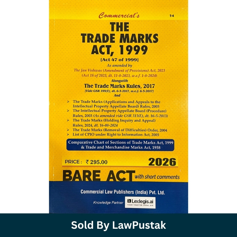 The Trade Marks Act 1999 Bare Act 2026 Edition Commercial Law Publishers India Side profile view of Commercials Trade Marks Act 1999 Bare Act Paperback Book 2026