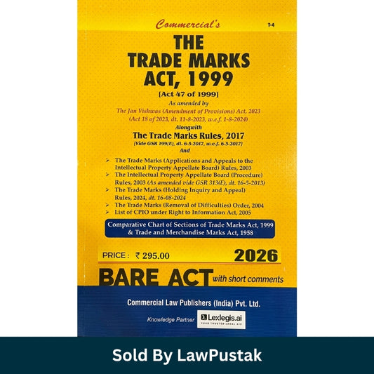 The Trade Marks Act 1999 Bare Act 2026 Edition Commercial Law Publishers India Side profile view of Commercials Trade Marks Act 1999 Bare Act Paperback Book 2026