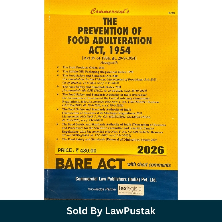 Prevention of Food Adulteration Act 1954 Bare Act 2026 Edition Commercial Law Publishers India Side profile view of Prevention of Food Adulteration Act 1954 Bare Act 2026 Paperback Law Book 