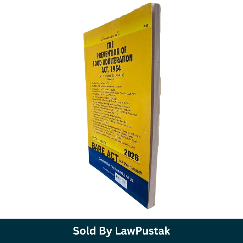 Prevention of Food Adulteration Act 1954 Bare Act 2026 Edition Commercial Law Publishers India Side profile view of Prevention of Food Adulteration Act 1954 Bare Act 2026 Paperback Law Book 