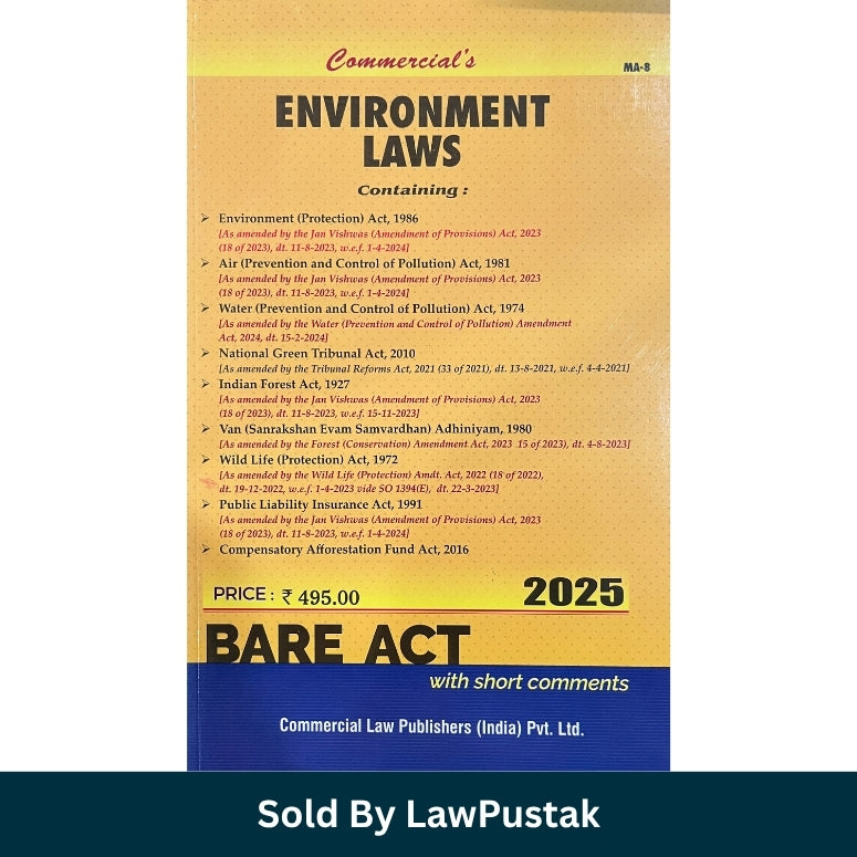 Commercials Environment Laws Bare Act with Short Comments 2025 Edition Commercial Law Publishers Side profile view of Commercials Environment Laws Bare Act 2025 Paperback Law Book