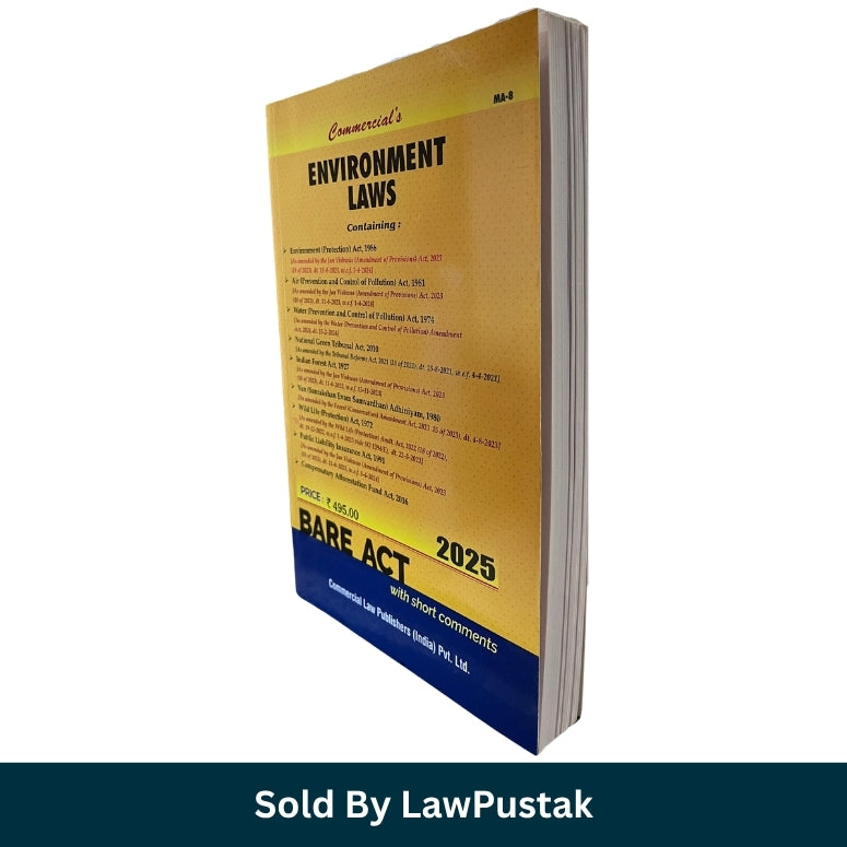 Commercials Environment Laws Bare Act with Short Comments 2025 Edition Commercial Law Publishers Side profile view of Commercials Environment Laws Bare Act 2025 Paperback Law Book