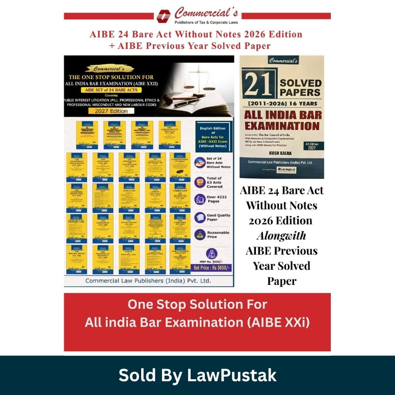 Front poster of Commercial AIBE XXII Set of 24 Bare Acts and 21 Solved Papers by Kush Kalra Commercial Law Publishers Cover of Commercial 21 Solved Papers 16 Years All India Bar Examination 4th Edition 2027 by Kush Kalra

