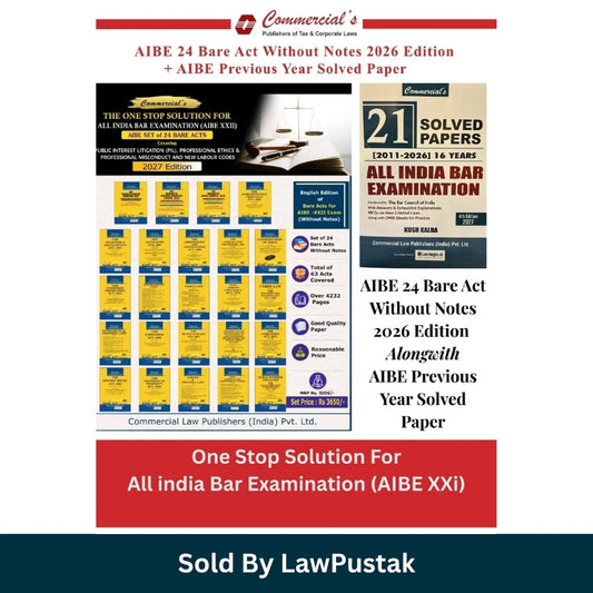 Front poster of Commercial AIBE XXII Set of 24 Bare Acts and 21 Solved Papers by Kush Kalra Commercial Law Publishers Cover of Commercial 21 Solved Papers 16 Years All India Bar Examination 4th Edition 2027 by Kush Kalra
