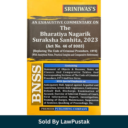 Book titled 'The Bharatiya Nagarik Suraksha Sanhita, 2023' by Srinivas with yellow and brown cover on a white background.