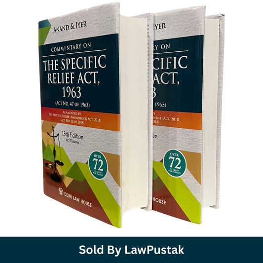 Two hardcover law books titled 'Commentary on the Specific Relief Act, 1963' by Anand & Iyer, shown standing upright against a white background. The covers are cream with dark navy, orange, green, and brown graphic sections, and a circular badge says 'Over 72 Pages.