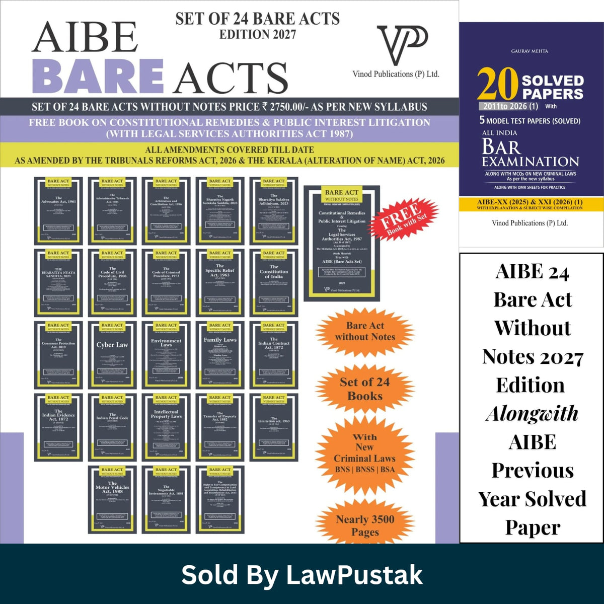 AIBE Set of 24 Bare Acts Without Notes 2027 Edition Vinod Publications Solved Papers Box Set