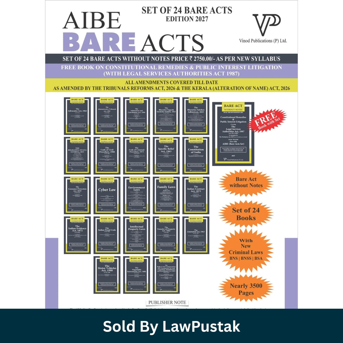 Vinod Publications AIBE 24 Bare Acts Set 2027 Edition Subject List Chart with Free PIL Book Offer