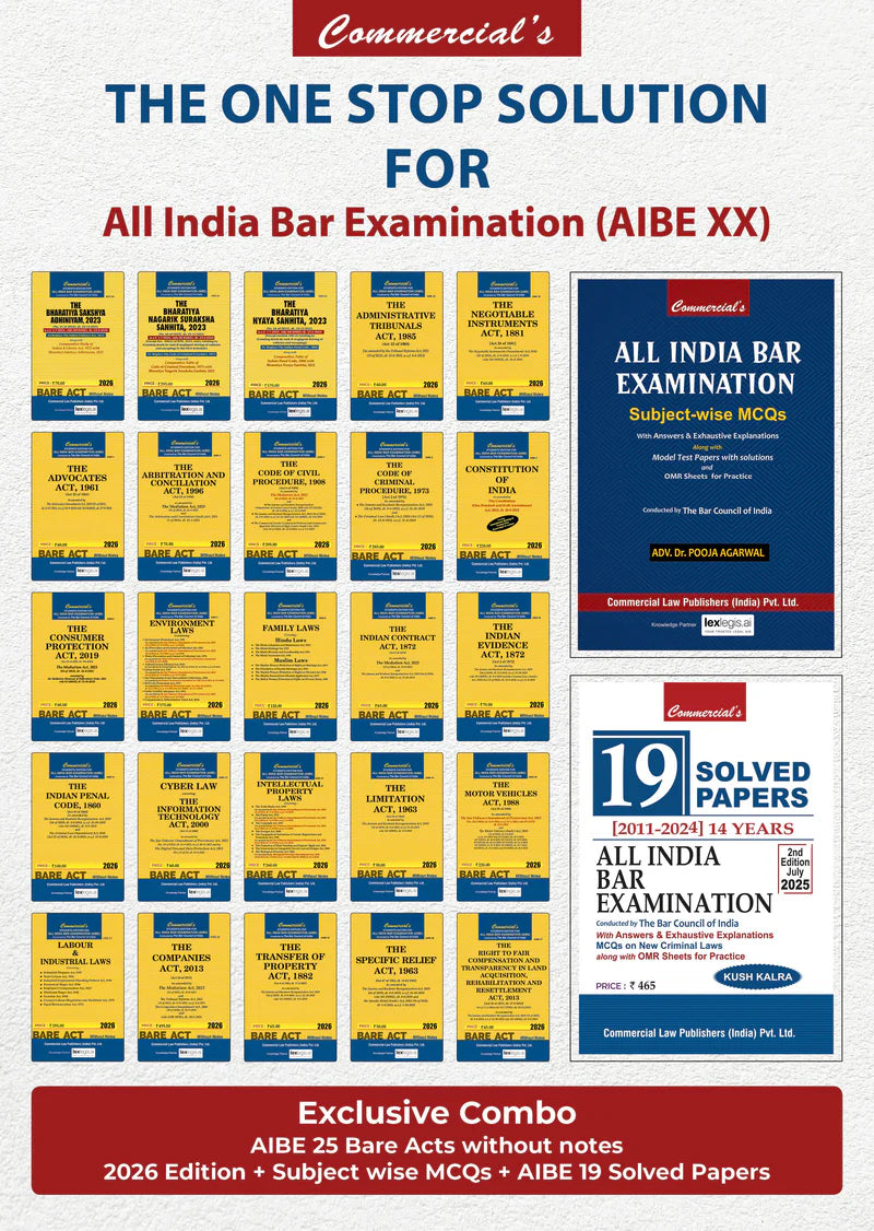 EXCLUSIVE COMBO - One stop Solution to AIBE XX (25 Bare Acts + Solved papers+ MCQs) | Commercial Law Publishers (India) Pvt. Ltd.