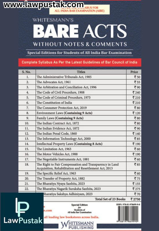 AIBE BARE ACTS Without Notes & Comments Set Of 23 Bare Acts Latest 2025 - Whitesmann